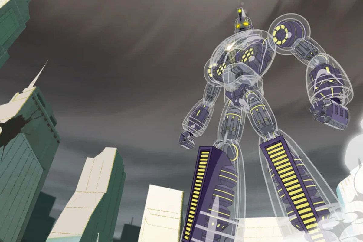 A giant, translucent mecha robot with yellow symmetrical wiring and blue components in Sym-Bionic Titan.