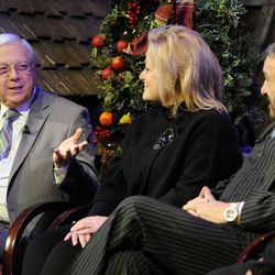 Tabernacle Choir president Ron Jarrett, left, Deborah Voigt, John Rhys-Davies and choir music director Mack Wilberg speak during a news conference at the LDS Conference Center auditorium stage on Friday, Dec. 13, 2013.