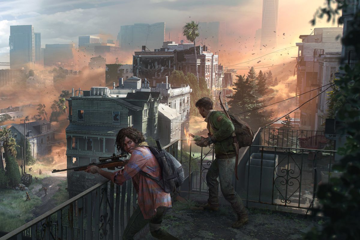 Concept art of survivors on a balcony in multiplayer The Last of Us game, Factions