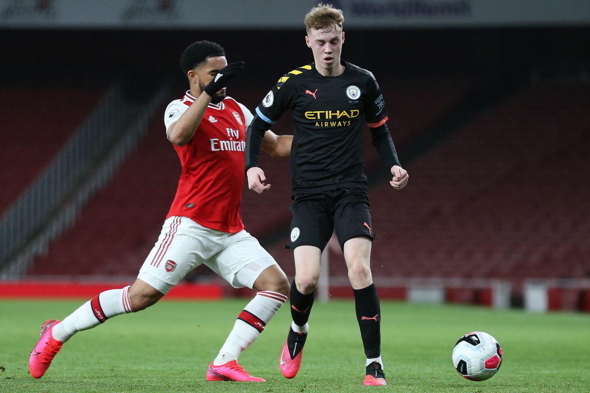 Trae Coyle of Arsenal u23 pressuring Taylor Harwood Bellis of Manchester City u23 during the Premier League 2 match between Arsenal Under 23 and Manchester City Under 23 at the Emirates Stadium, London on Saturday 29th February 2020.