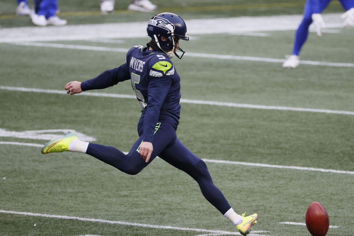 Jason Myers #5 of the Seattle Seahawks kicks the ball during the third quarter against the Los Angeles Rams in an NFC Wild Card game at Lumen Field on January 09, 2021 in Seattle, Washington.