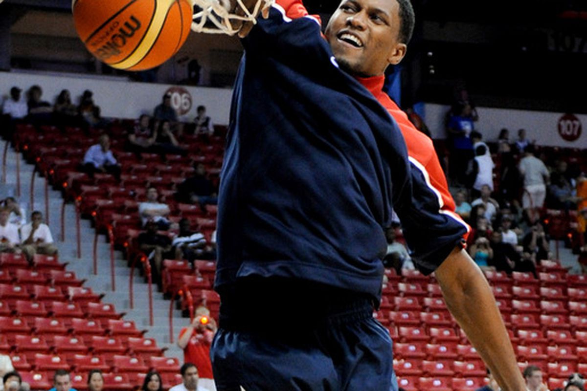 LAS VEGAS - JULY 24:  Rudy Gay #8 of the 2010 USA Basketball Men's National Team dunks during warmups at a USA Basketball showcase at the Thomas & Mack Center on July 24 2010 in Las Vegas Nevada.  (Photo by Ethan Miller/Getty Images)