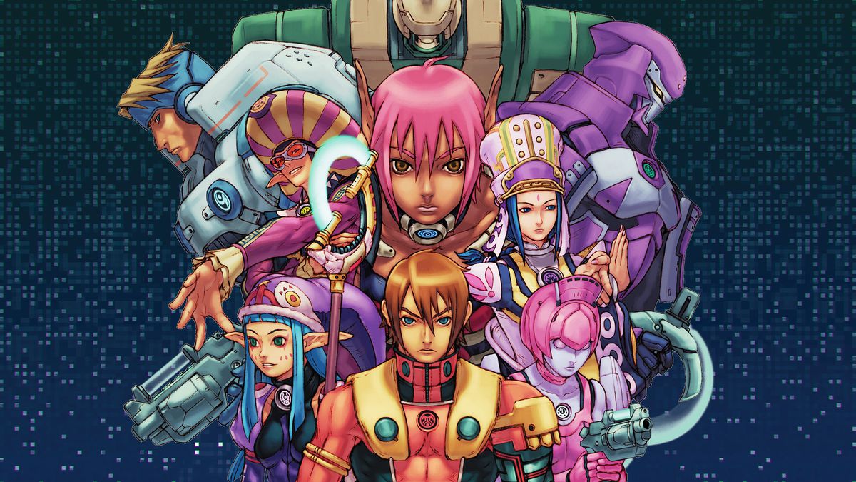 Graphic artwork featuring a montage of characters from the video game Phantasy Star Online over a dark grey pixelated background