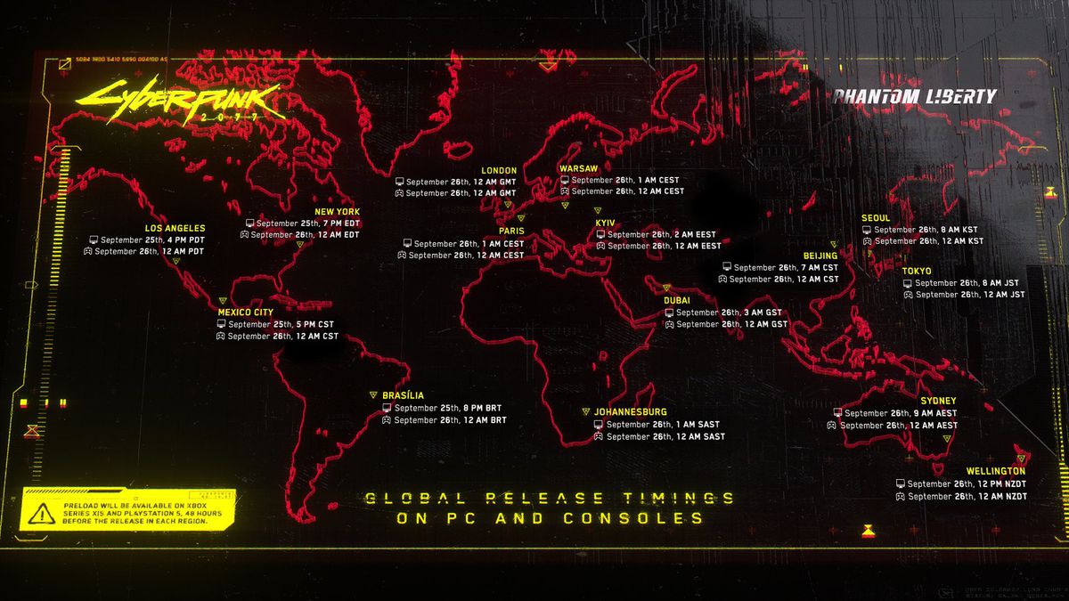 A map shows the Cyberpunk 2077 Phantom Liberty release time regions around the globe.