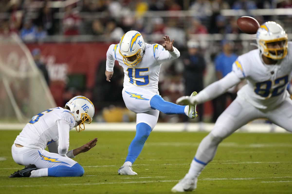 Cameron Dicker #15 of the Los Angeles Chargers kicks a field goal during the second quarter against the San Francisco 49ers at Levi’s Stadium on November 13, 2022 in Santa Clara, California.