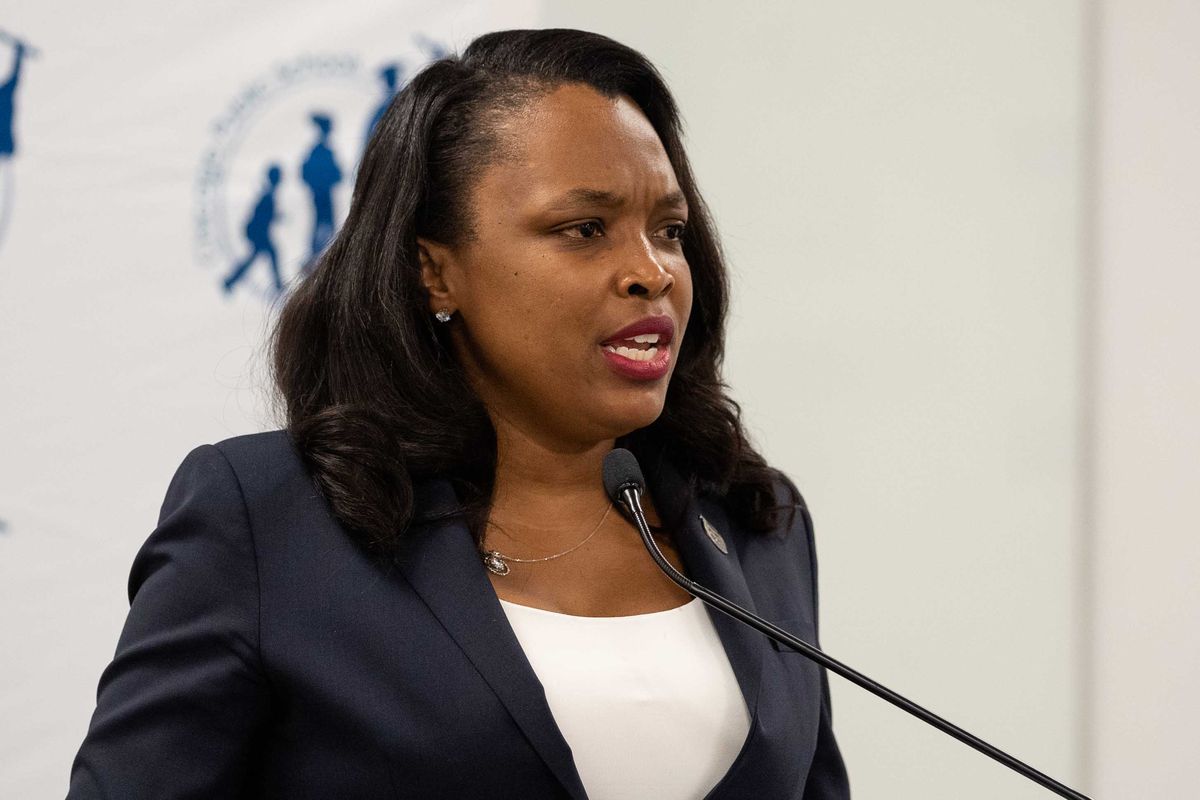 Chicago Public Schools CEO Janice Jackson speaks during a press conference in January where she announced that the district would continue with the return to in-person learning despite staff's concerns.