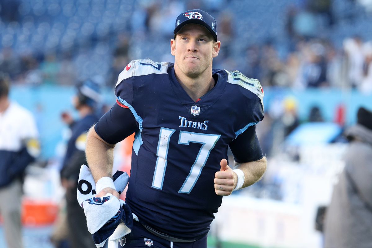 Ryan Tannehill #17 of the Tennessee Titans celebrates after the game against the Jacksonville Jaguars at Nissan Stadium on December 12, 2021 in Nashville, Tennessee.