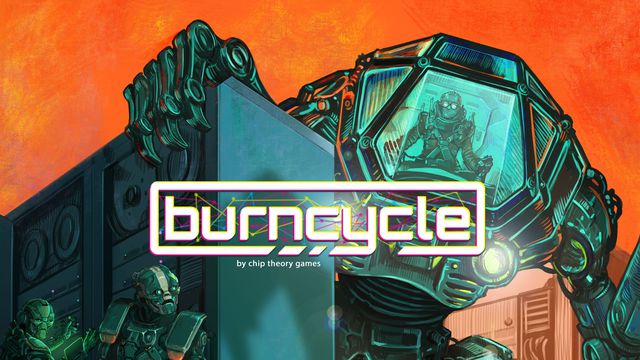 Key art for burncycle shows a mech chasing after robots, who are hiding behind walls. The background is orange.