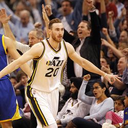 Utah Jazz forward Gordon Hayward (20) reacts after making a three-pointer late in the second half of an NBA regular season game against the Golden State Warriors at the Vivint Arena in Salt Lake City, Wednesday, March 30, 2016.