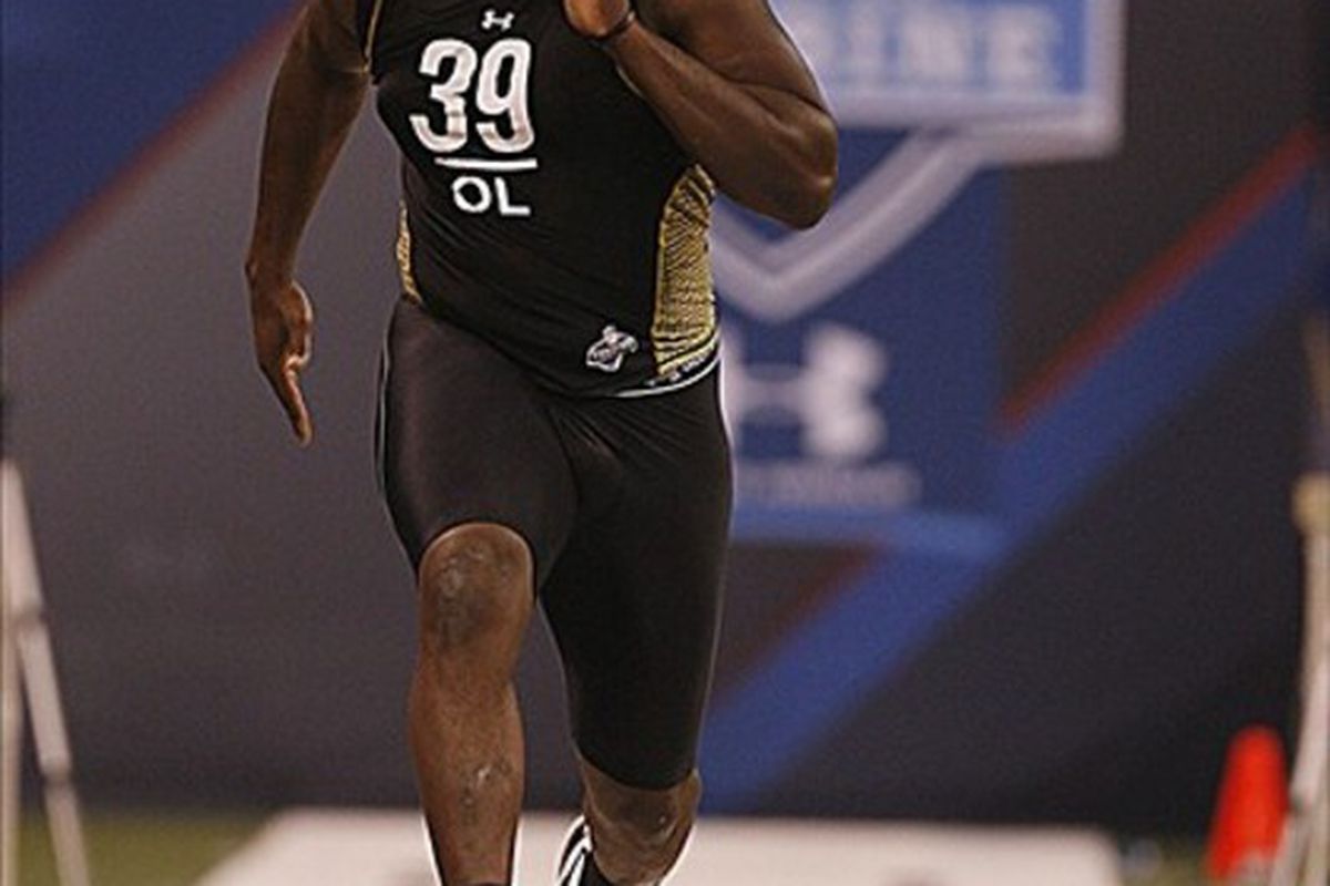 Feb 25, 2012; Indianapolis, IN, USA; Iowa State Cyclones offensive lineman Kelechi Osemele runs the 40 yard dash during the NFL Combine at Lucas Oil Stadium. Mandatory Credit: Brian Spurlock-US PRESSWIRE