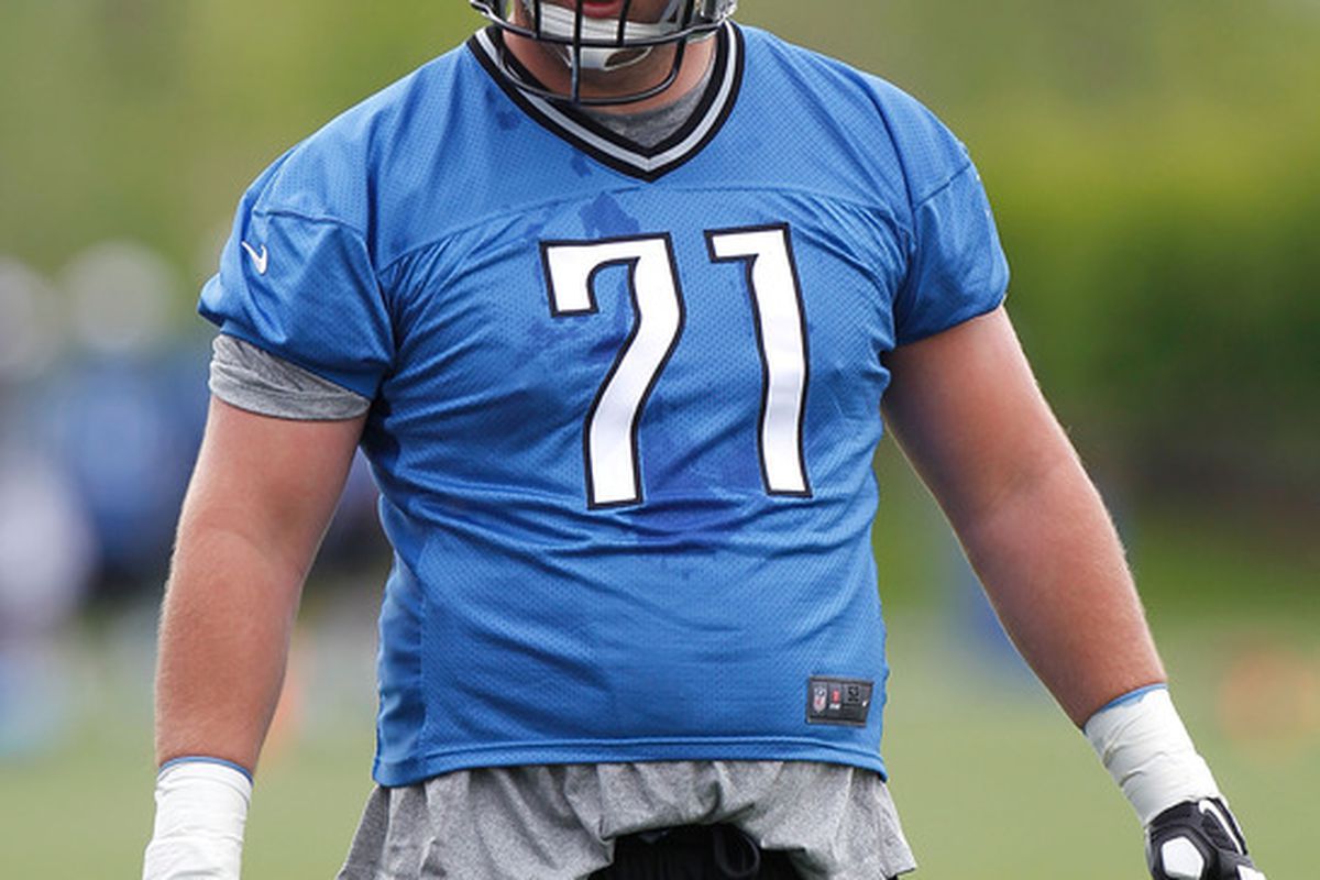 ALLEN PARK, MI - MAY 12:  Riley Reiff #71 of the Detroit Lions looks on during a rookie mini camp at the Detroit Lions Headquarters and Training Facility on May 12, 2012 in Allen Park, Michigan. (Photo by Gregory Shamus/Getty Images)