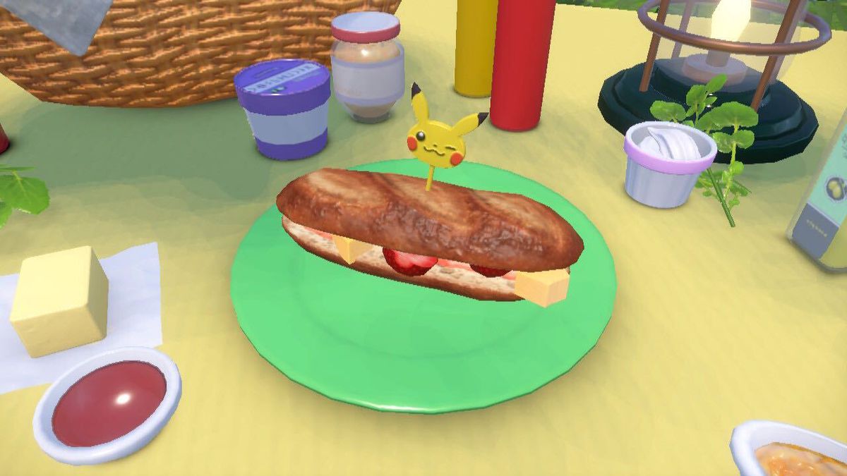 Fruit sandwich with a Pikachu sandwich pick from Pokemon Scarlet and Violet