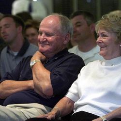 BYU football coach LaVell Edwards sits with his wife Patti  at a press conference at Cougar Stadium where he annonced he will retire after this season.  PHOTO BY STUART JOHNSON