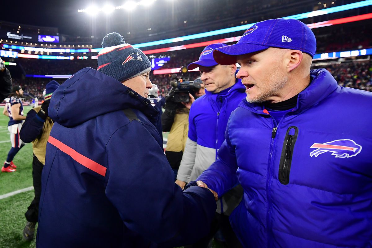 Head coach Bill Belichick of the New England Patriots shakes hands with head coach Sean McDermott of the Buffalo Bills after the Patriots defeated the Bills 24-17 in the game at Gillette Stadium on December 21, 2019 in Foxborough, Massachusetts.