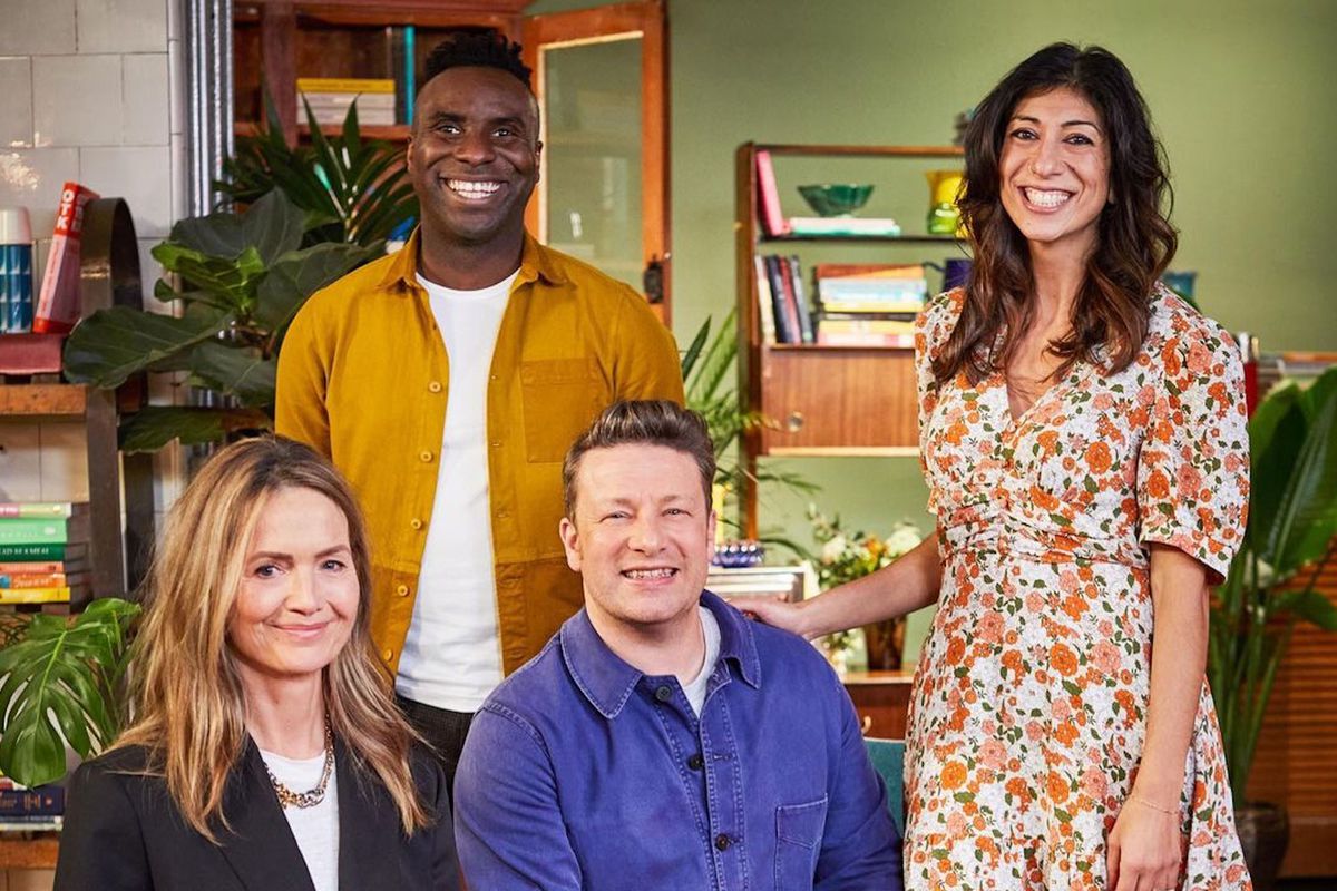 The Great Cookbook Challenge With Jamie Oliver judges, clockwise from top-left: Jimi Famurewa; Georgina Hayden; Jamie Oliver; and Louise Moore.