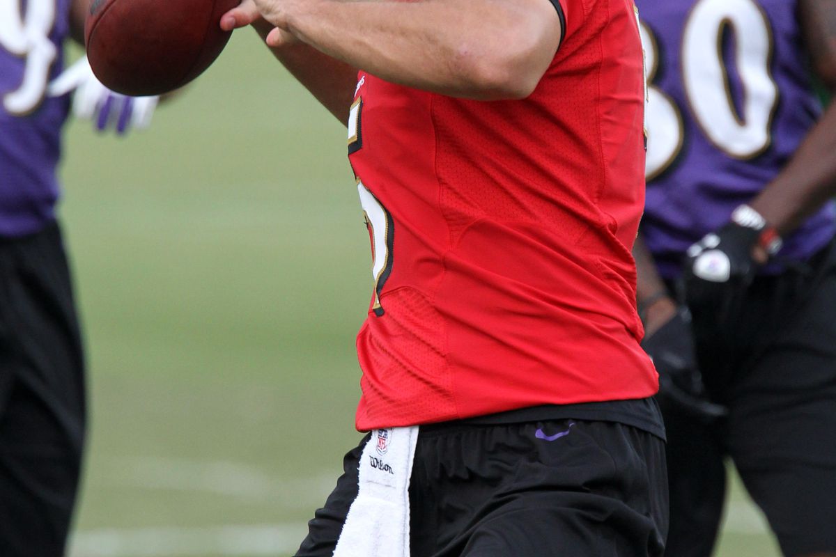 July 24, 2012; Baltimore, MD, USA; Baltimore Ravens quarterback Joe Flacco (5) practices during the Baltimore Ravens opening day of training camp at the team practice facility. Mandatory Credit: Mitch Stringer-US PRESSWIRE