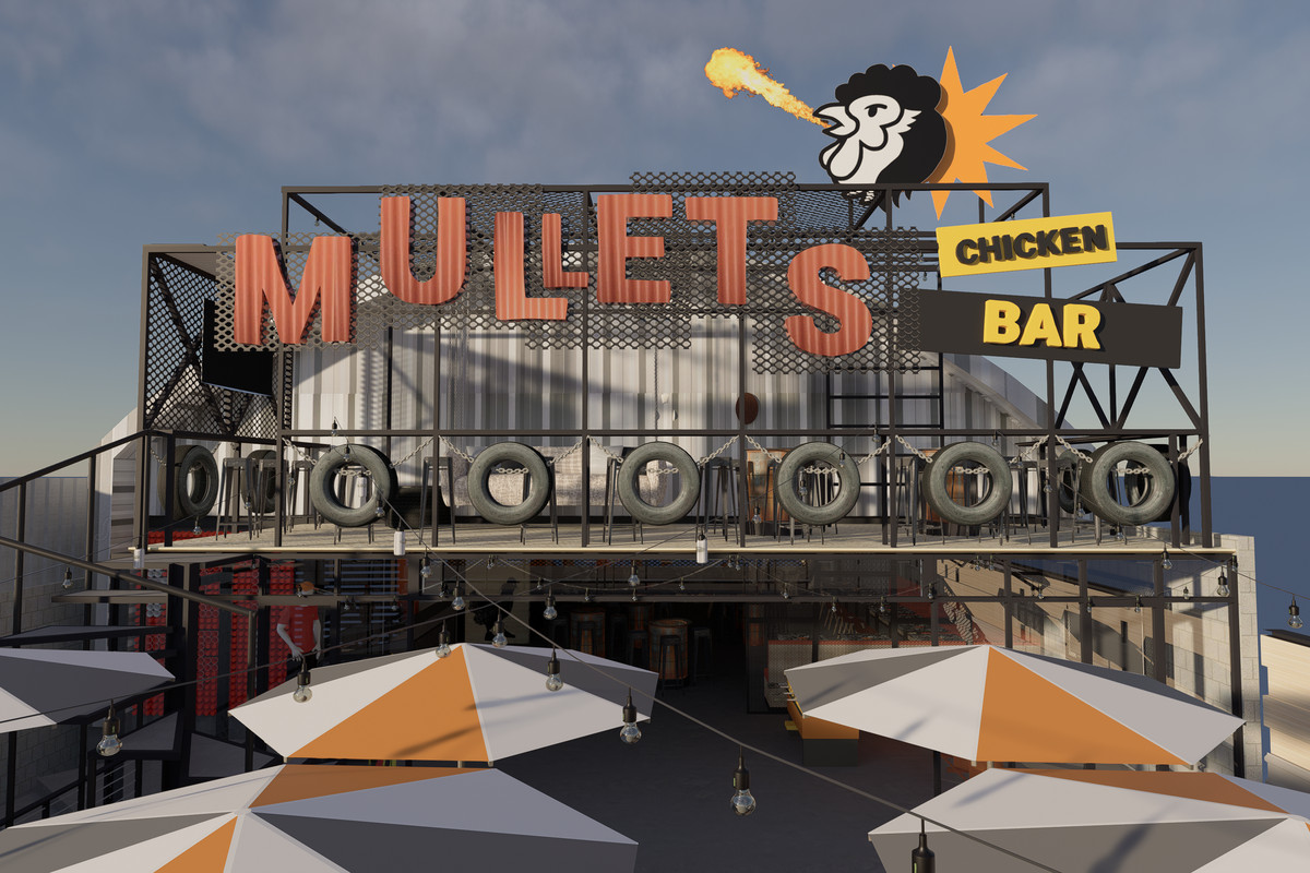 Rendering of a restaurant with a large sign that says Mullets Chicken Bar.