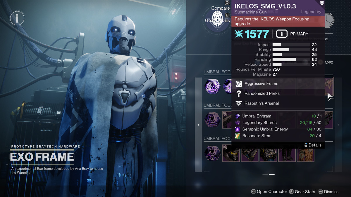 An Exo Frame sits on an arm, displaying the menu screen for its craftable weapons
