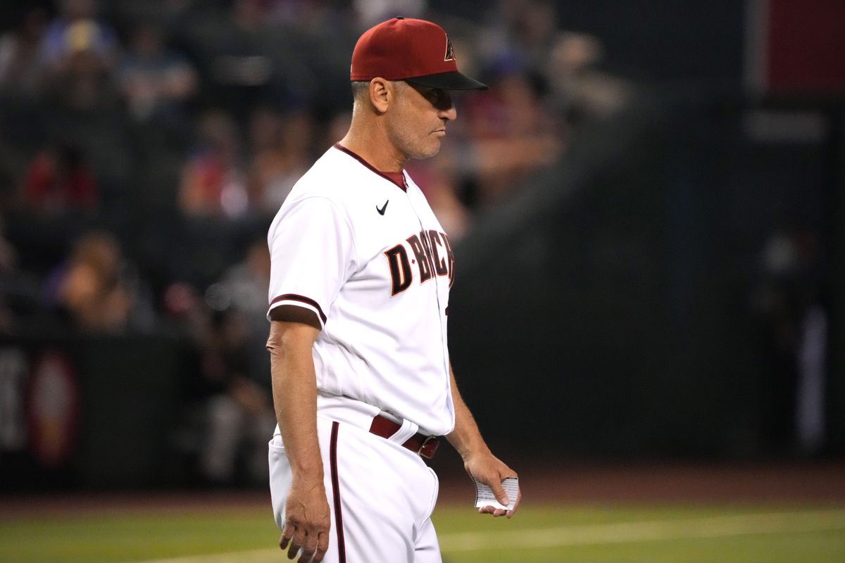 Arizona Diamondbacks manager Torey Lovullo walks to the mound against the Miami Marlins during the seventh inning at Chase Field.