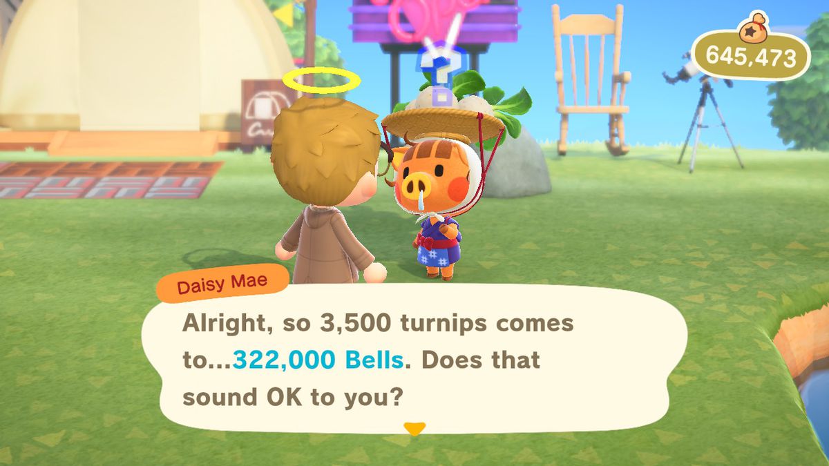 Buying a whole mess of Turnips from Daisy Mae in Animal Crossing New Horizons