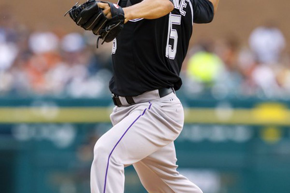 June 17, 2012; Detroit, MI, USA; Colorado Rockies starting pitcher Jeremy Guthrie (15) pitches during the first inning against the Detroit Tigers at Comerica Park. Mandatory Credit: Rick Osentoski-US PRESSWIRE