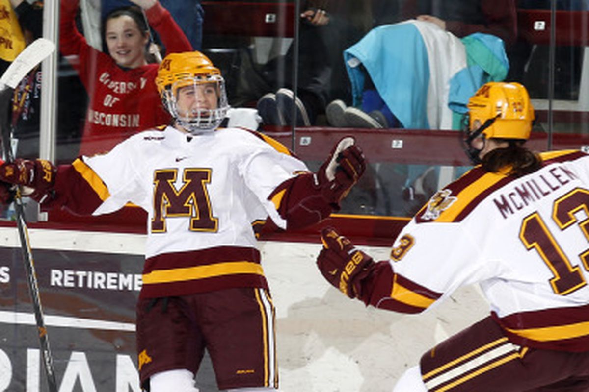 Hannah Brandt celebrates one of her goals on Saturday against Wisconsin