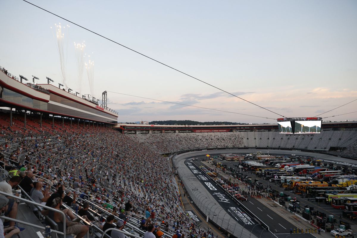 A general view of fans, drivers and crew during during pre-race ceremonies prior to the NASCAR Cup Series All-Star Race at Bristol Motor Speedway on July 15, 2020 in Bristol, Tennessee.