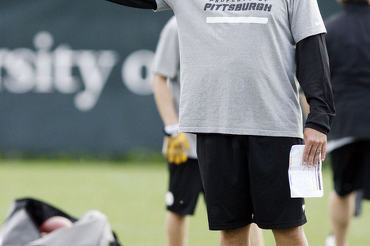 May 22, 2012; Pittsburgh, PA, USA; Pittsburgh Steelers offensive coordinator Todd Haley gives instructions during organized team activities at the Steelers training facility. Mandatory Credit: Charles LeClaire-US PRESSWIRE