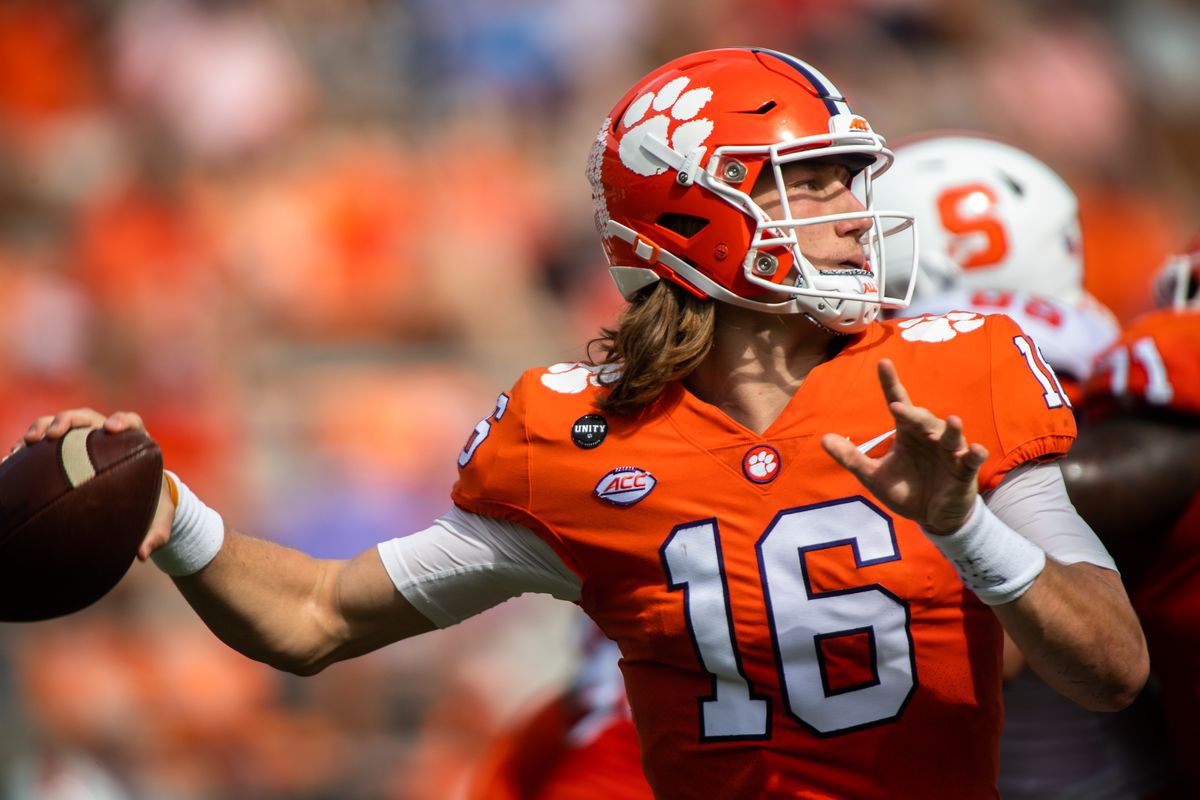 Clemson quarterback Trevor Lawrence (16) makes a pass during their game in the second half against Syracuse at Memorial Stadium.