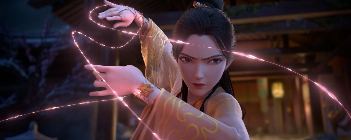A Chinese woman in traditional formal robes makes a martial-arts move as glowing pink lines of force form around her in a scene from the CG animated donghua movie New Gods: Yang Jian