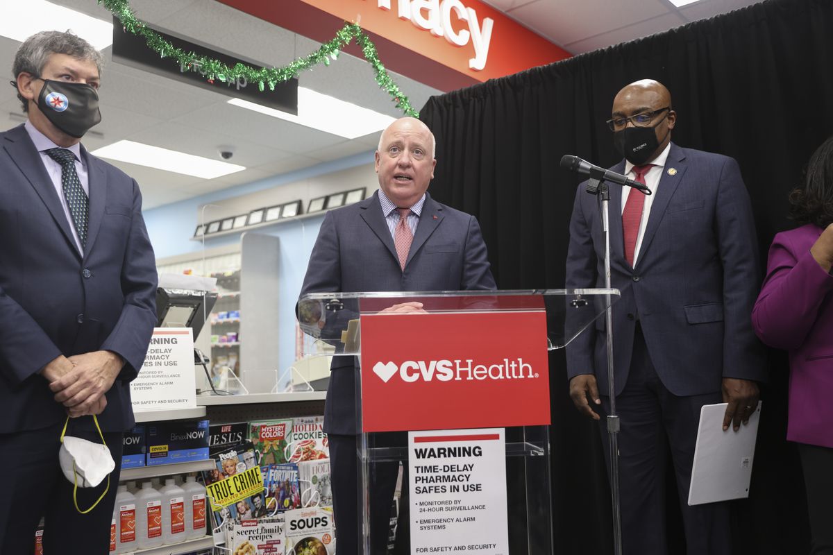 Executive Vice President, Chief Policy and External Affairs Officer, and General Counsel, CVS Health Tom Moriarity explains the measures CVS has taken to prevent future thefts of pharmacy narcotics during a press conference, Tuesday, Nov. 30, 2021 at CVS on 1165 N. Clark St in Near North.