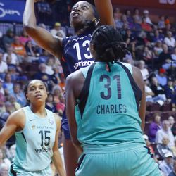 The New York Liberty take on the Connecticut Sun in a WNBA game at Mohegan Sun Arena in Uncasville, CT on July 11, 2018.