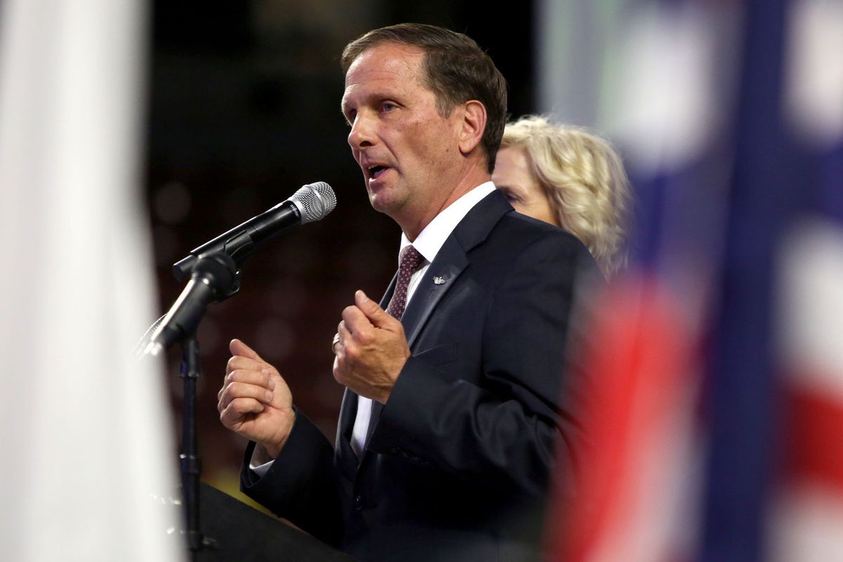 Rep. Chris Stewart speaks during the Utah Republican Party state convention at the Maverik Center in West Valley City on Saturday, April 21, 2018.