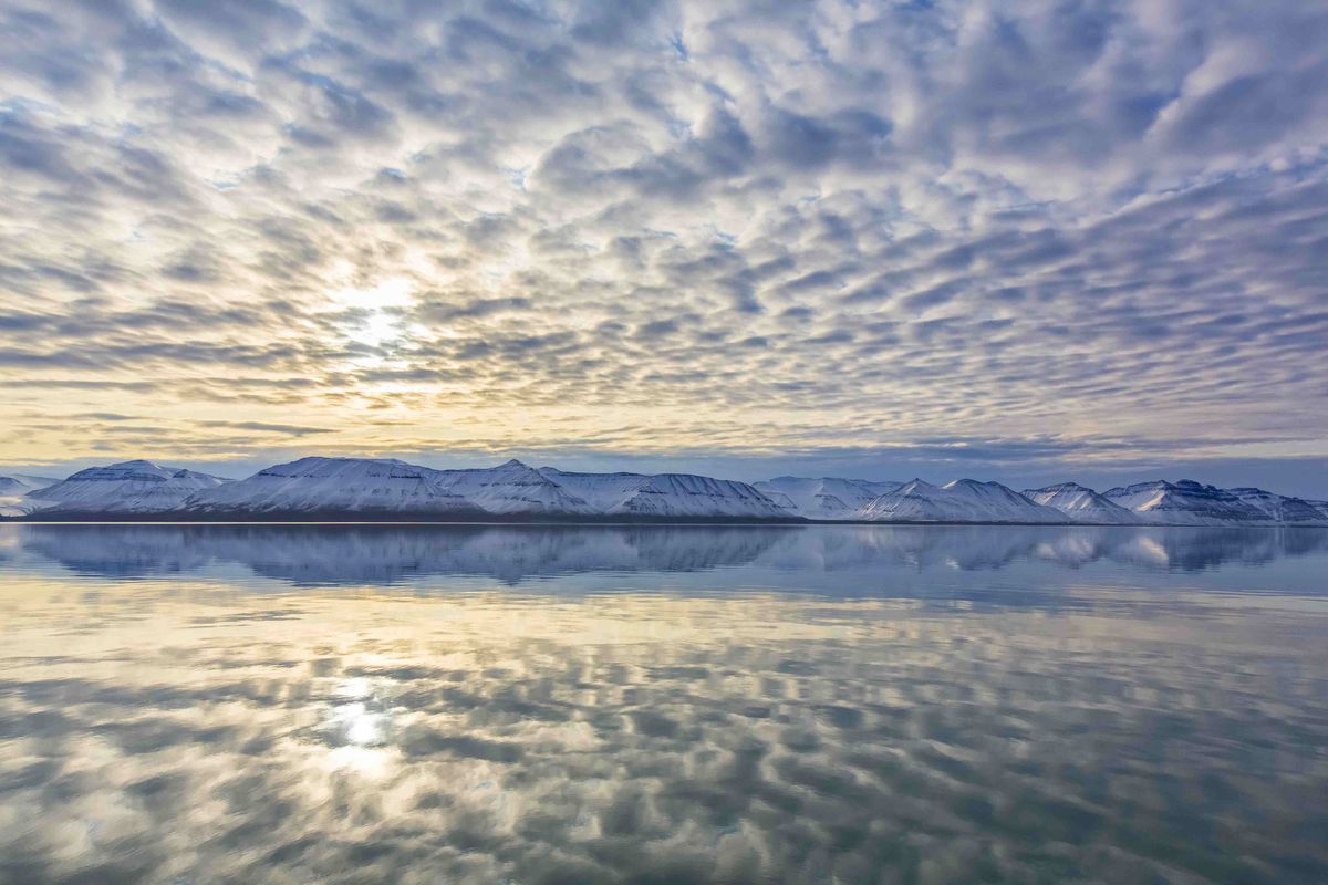 Snow covered mountains at Billefjorden at sunset and clouds reflected in the Arctic sea, central fjord of Isfjorden, Svalbard / Spitsbergen, Norway.