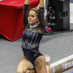 Utah’s Adrienne Randall performs on the beam as Utah and UCLA compete in a gymnastics meet at the Huntsman Center in Salt Lake City on Friday, Feb. 19, 2021.