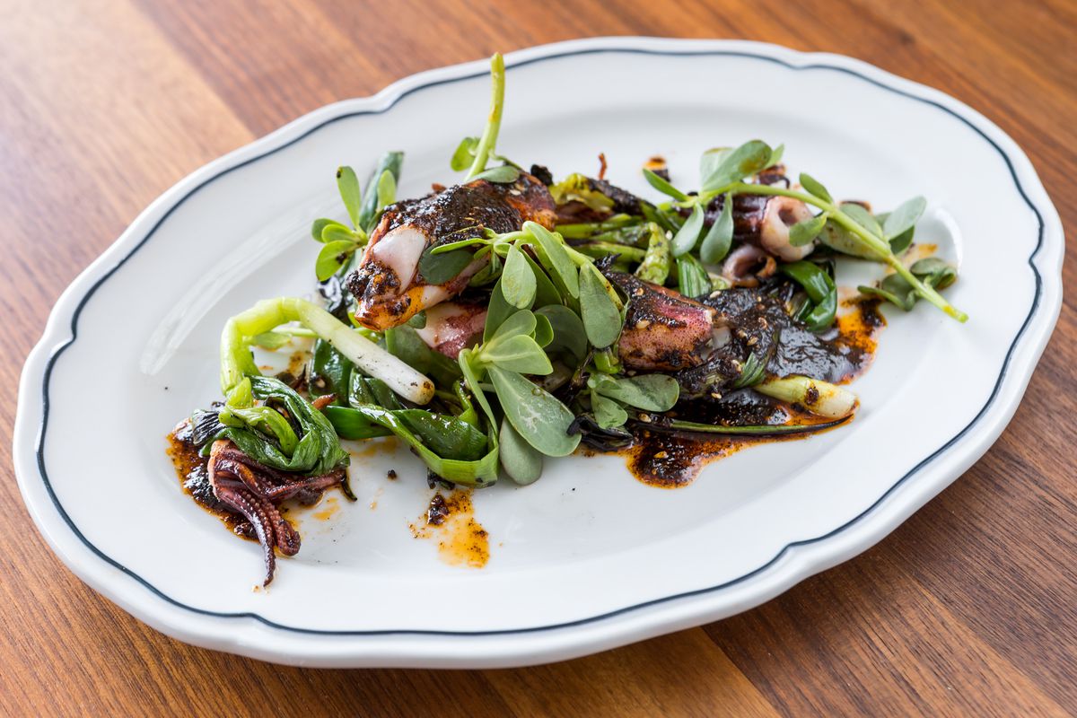 A plate of grilled squid with salsa negra, scallions, and purslane
