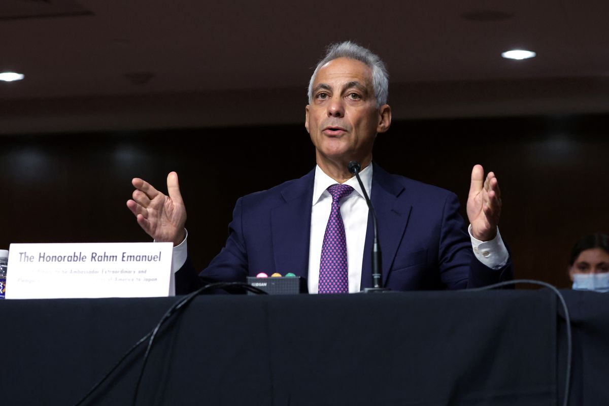 Rahm Emanuel, former mayor of Chicago and former chief of staff in the Obama White House, testifies during a confirmation hearing Oct. 20.