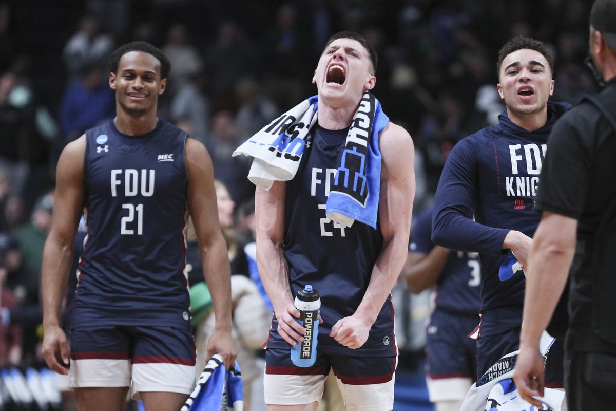 Brayden Reynolds #24 of the Fairleigh Dickinson Knights celebrates after beating the Purdue Boilermakers 63-58 in the first round of the NCAA Men’s Basketball Tournament at Nationwide Arena on March 17, 2023 in Columbus, Ohio.