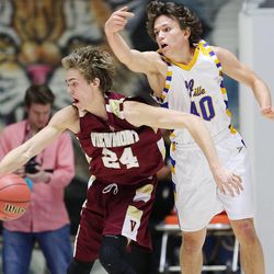 Viewmont's Austin Johnson spins away from Taylorsville's Remi Prince Monday, Feb. 23, 2015, in the first round of the 5A boys basketball tournament at Weber State in Ogden. Viewmont won 70-44.