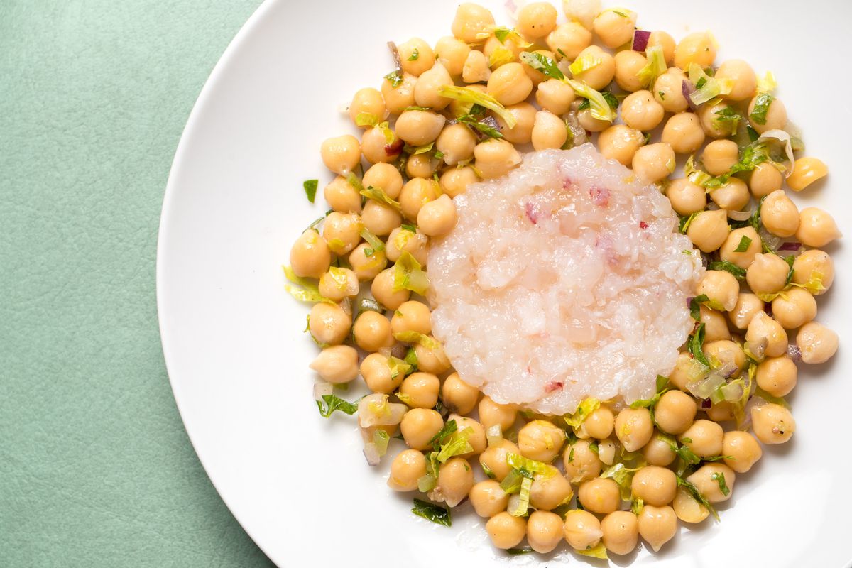 Chickpeas, raw lobster, and peperoncino verde