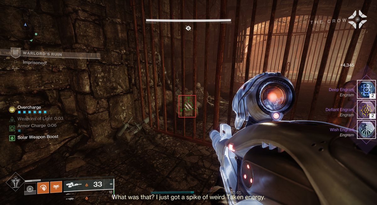 A Destiny Guardians aims a rifle at a jail cell in Warlord’s Ruin dungeon while figuring out the cell puzzle solution.