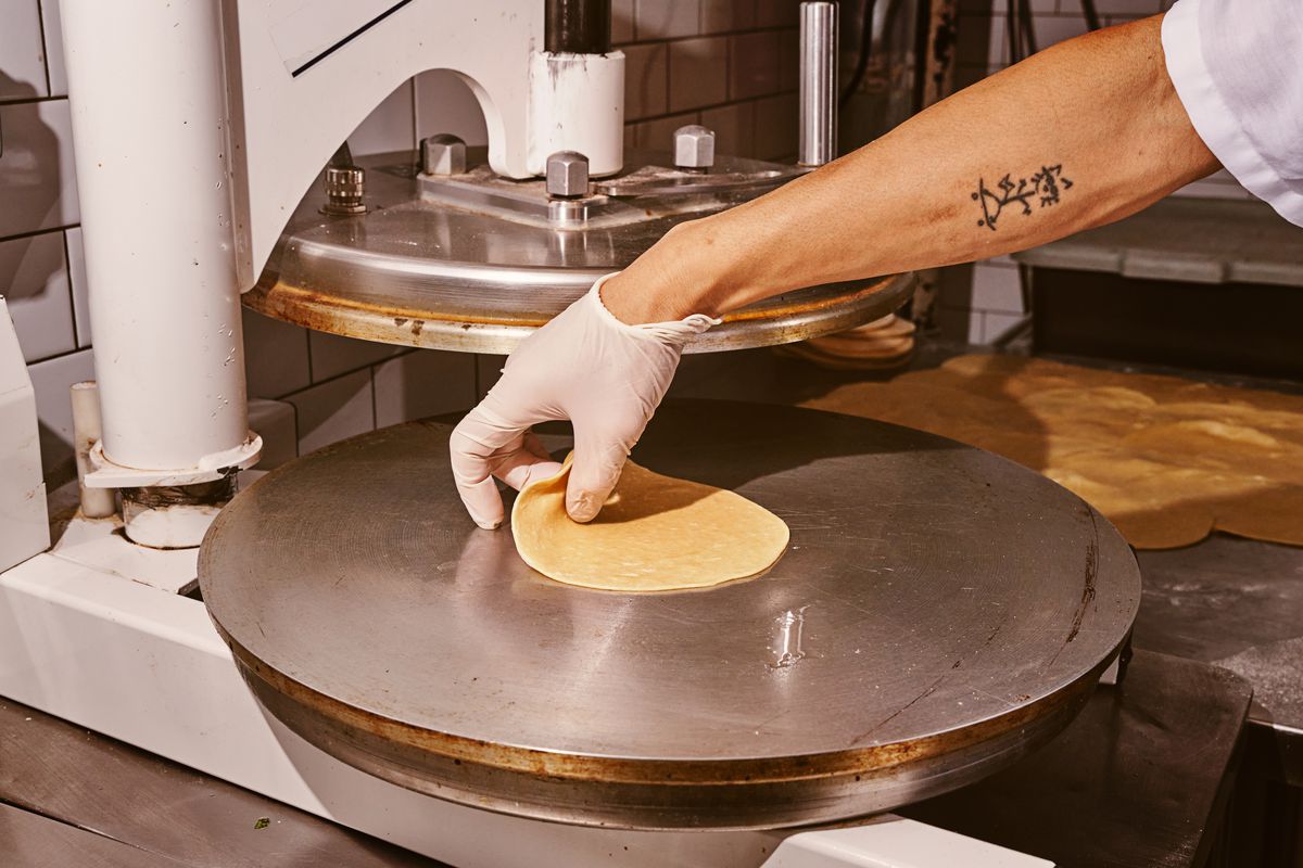 A gloved hand picks up a tortilla that was recently pressed on a stainless steel griddle