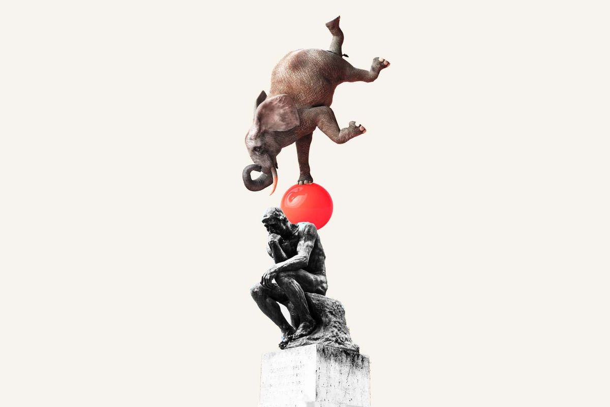 A graphic of an elephant balancing on a red ball above “The Thinker” statue. 
