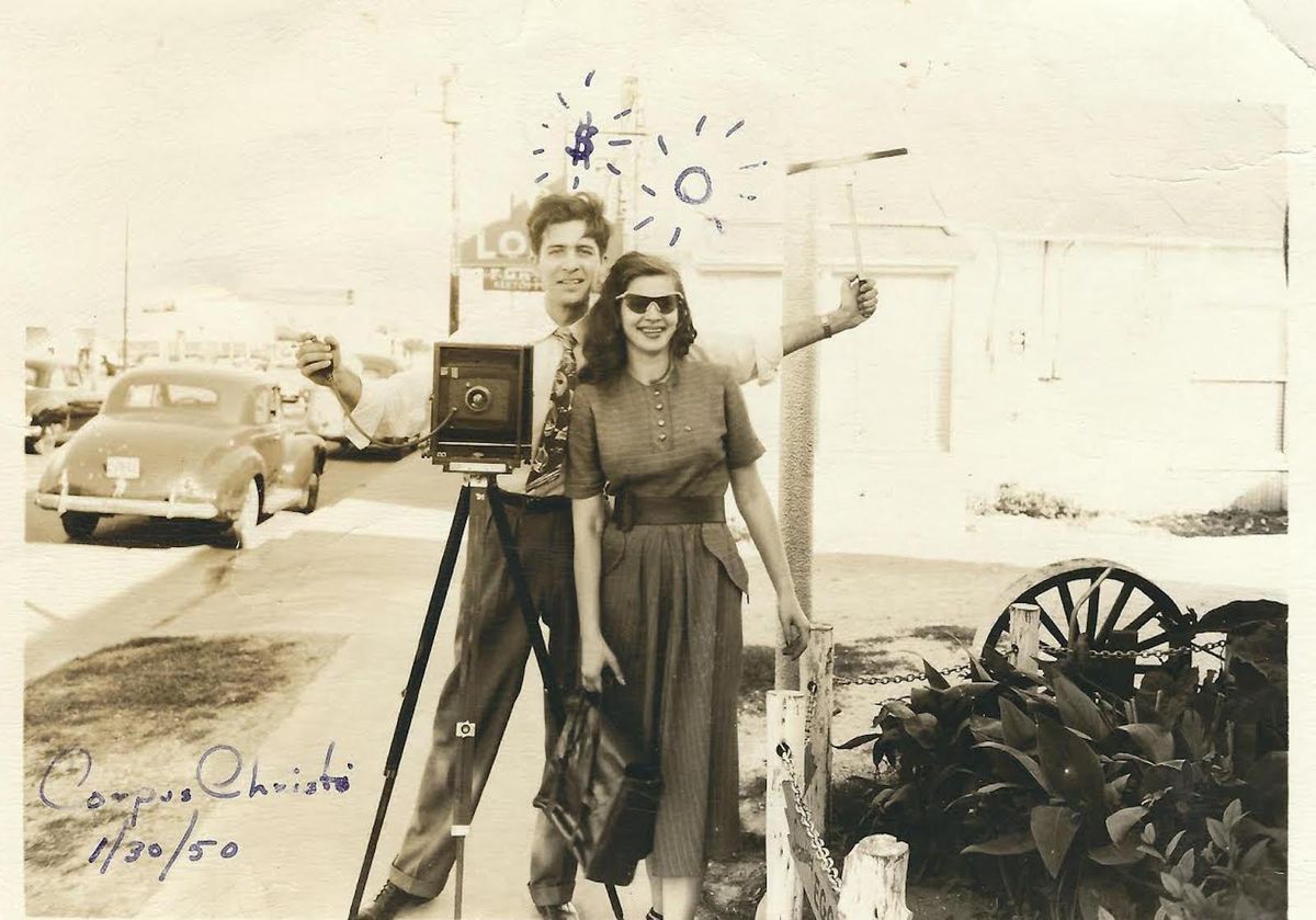 Irene and Charles Custer on a honeymoon stop in Corpus Christi, Texas. A relative doodled on the picture.