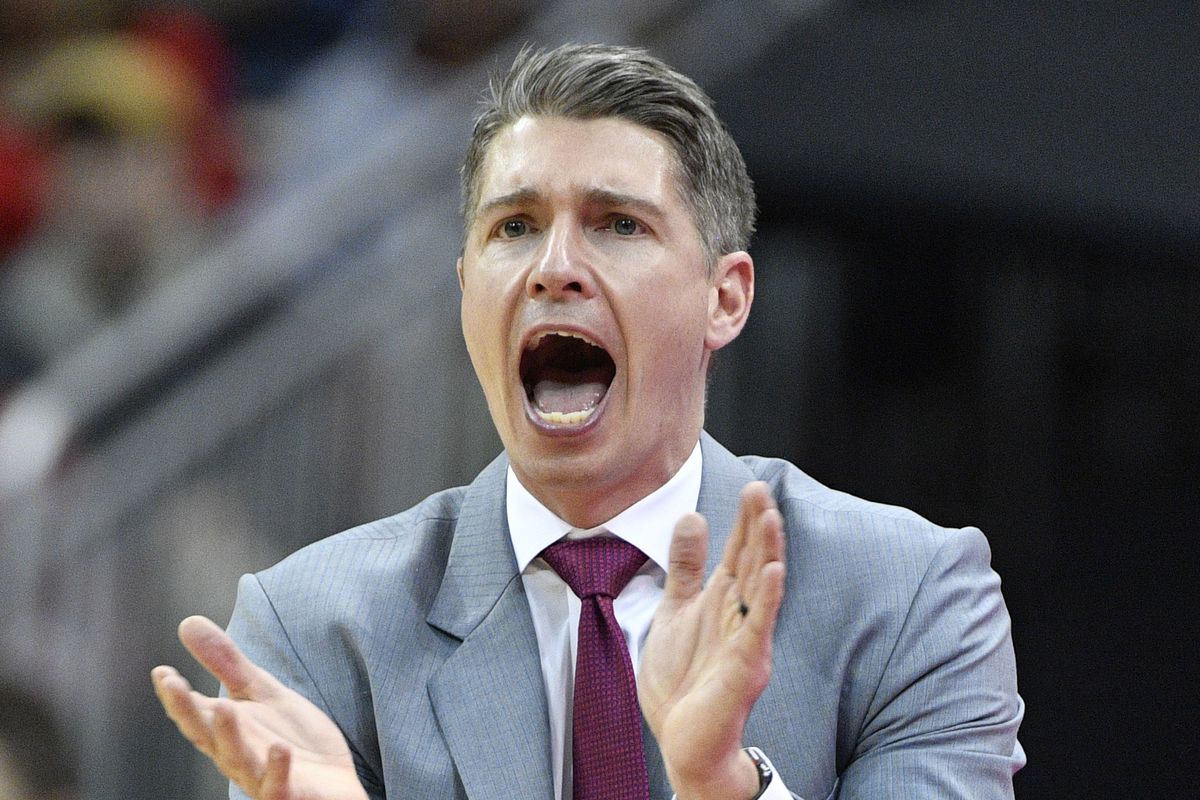 Robert Morris Colonials head coach Andrew Toole reacts during the second half against the Louisville Cardinals at KFC Yum! Center. Louisville defeated Robert Morris 73-59.