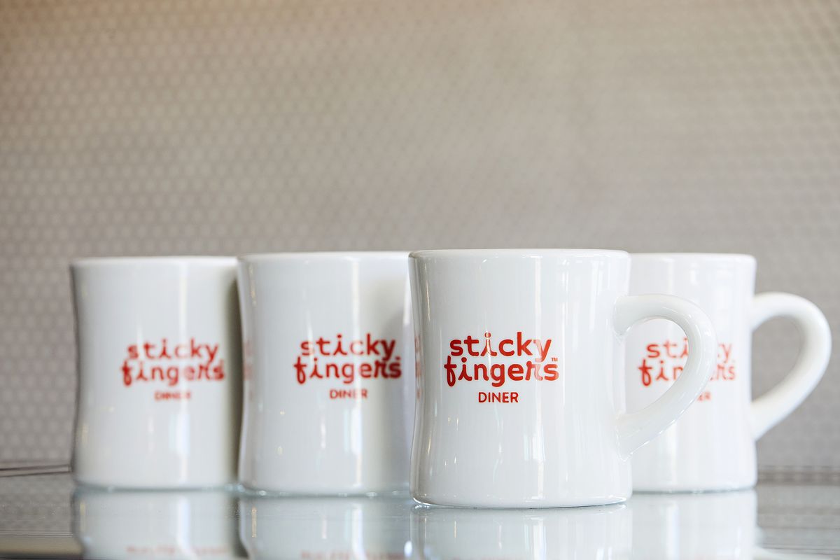 Coffee mugs at Sticky Fingers Diner.