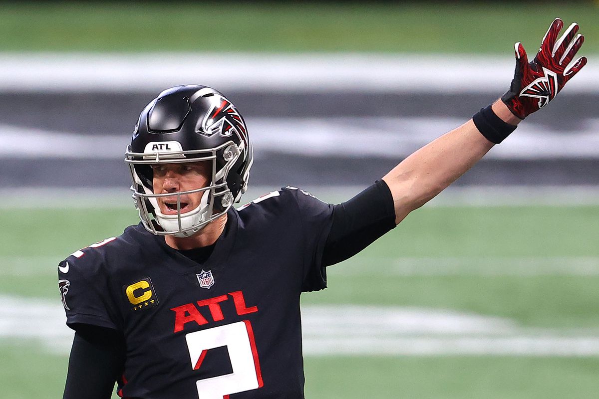 Matt Ryan #2 of the Atlanta Falcons calls a play against the Tampa Bay Buccaneers during the first quarter in the game at Mercedes-Benz Stadium on December 20, 2020 in Atlanta, Georgia.