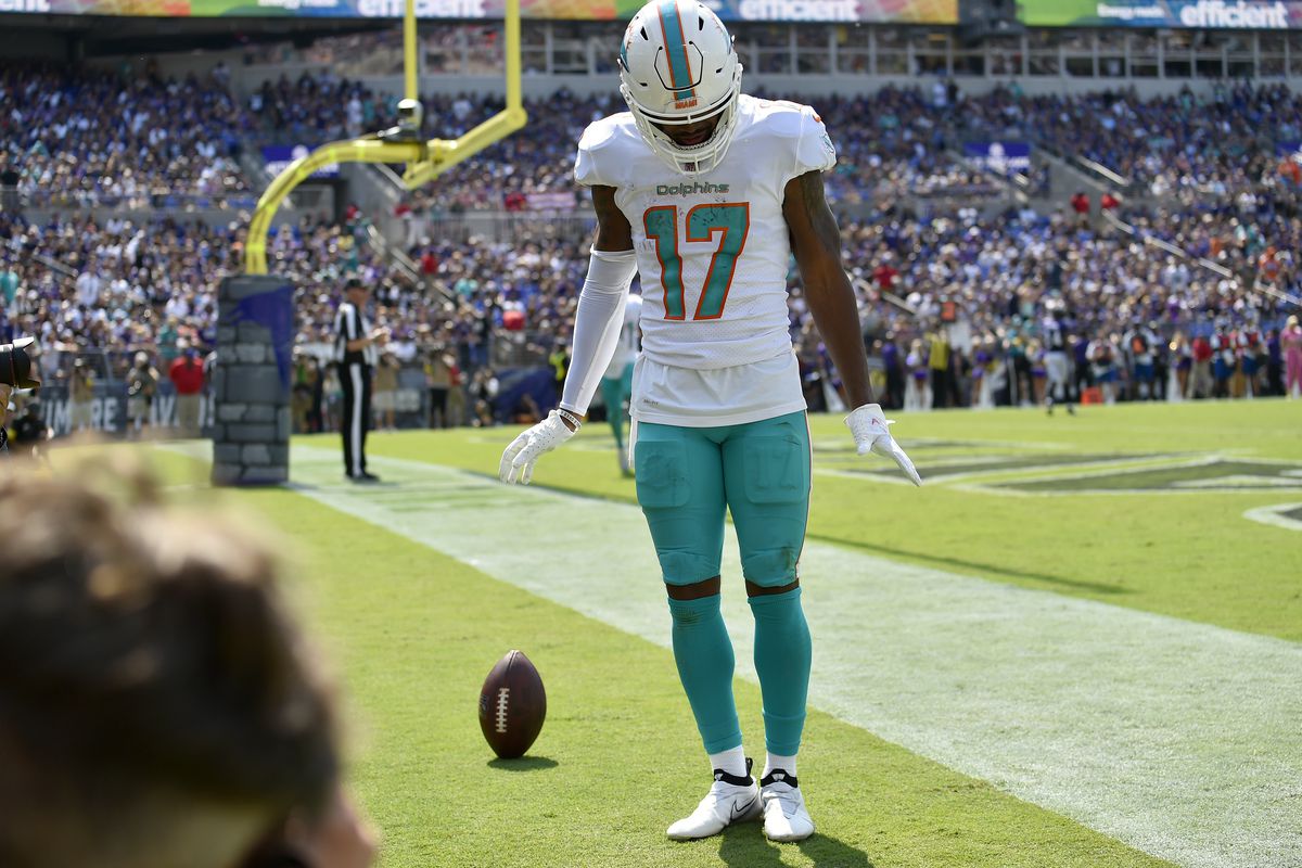 Miami Dolphins wide receiver Jaylen Waddle (17) does his waddle / waddling celebration after a touchdown during the Miami Dolphins versus Baltimore Ravens NFL game at M&amp;T Bank Stadium on September 18, 2022 in Baltimore, MD