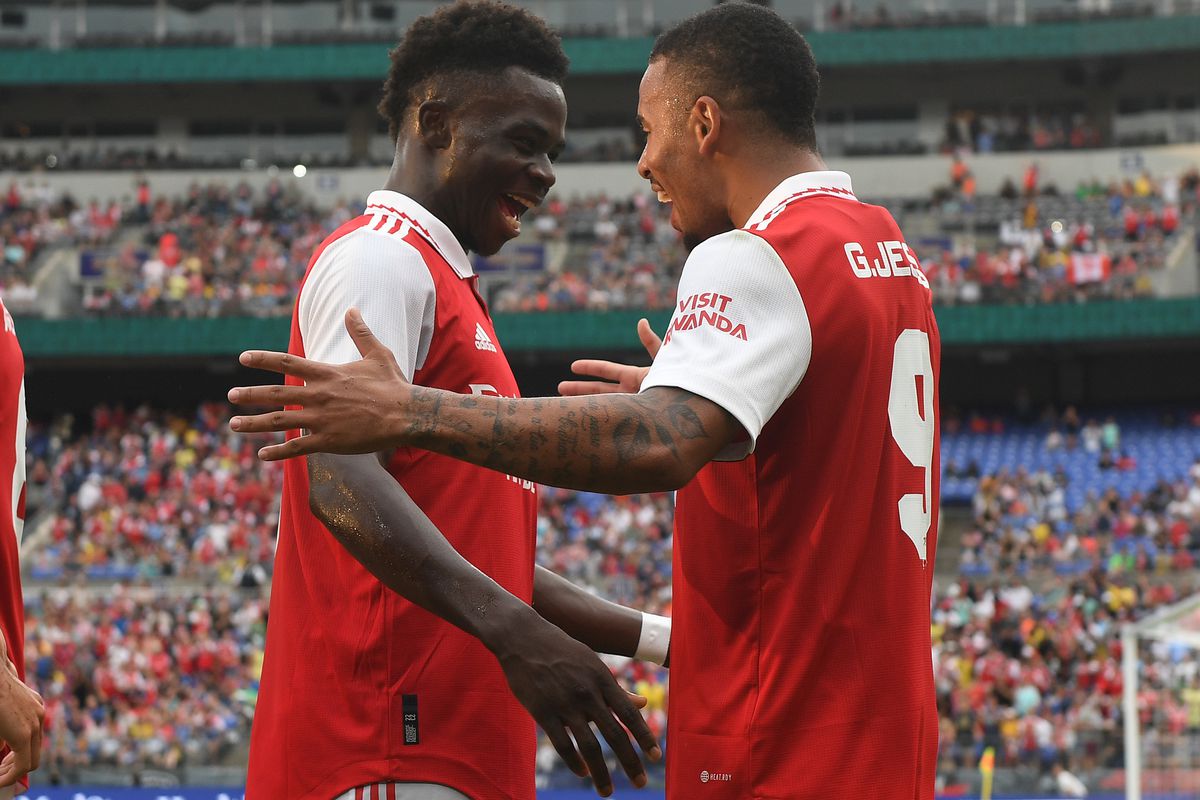 Gabriel Jesus celebrates with Bukayo Saka - Arsenal - Premier League