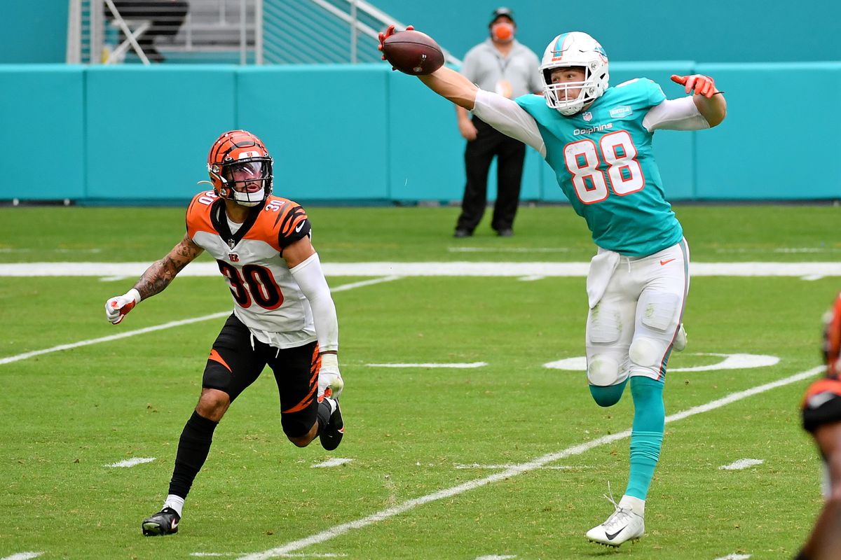 Miami Dolphins tight end Mike Gesicki (88) makes a one handed catch in front of Cincinnati Bengals free safety Jessie Bates (30) during the second half at Hard Rock Stadium.&nbsp;